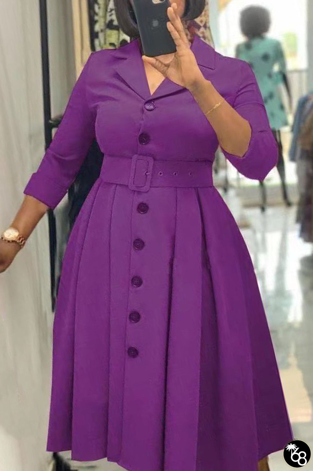 Purple Elegant Solid Patchwork Buttons Turndown Collar A Line Dresses(With Belt) | 168DEAL