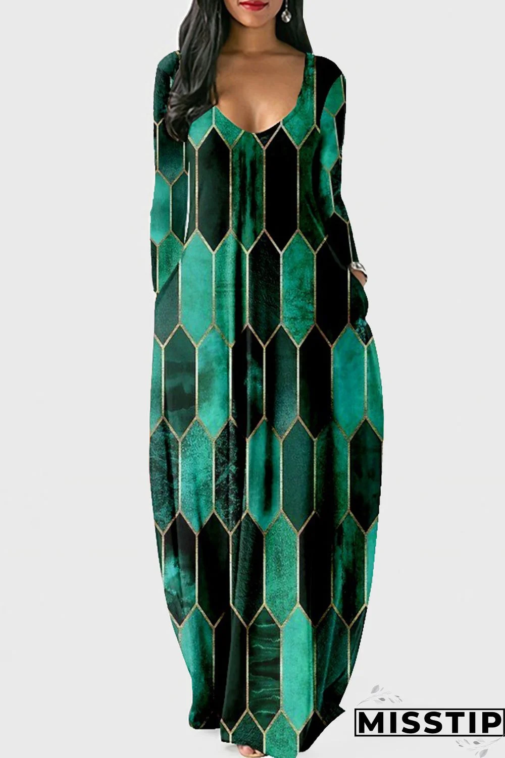 Cyan Fashion Casual Print Patchwork V Neck Long Sleeve Dresses