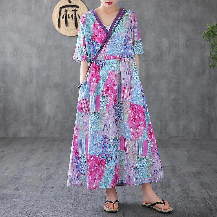 Elegant v neck patchwork linen dresses Tunic Tops light purple print Dress