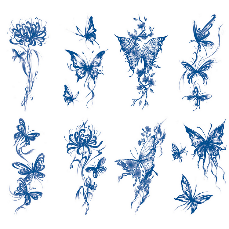 8 Sheets Butterfly Flower Ink Art Half Arm Juice Ink Semi-Permanent Tattoo Lasts 15 days