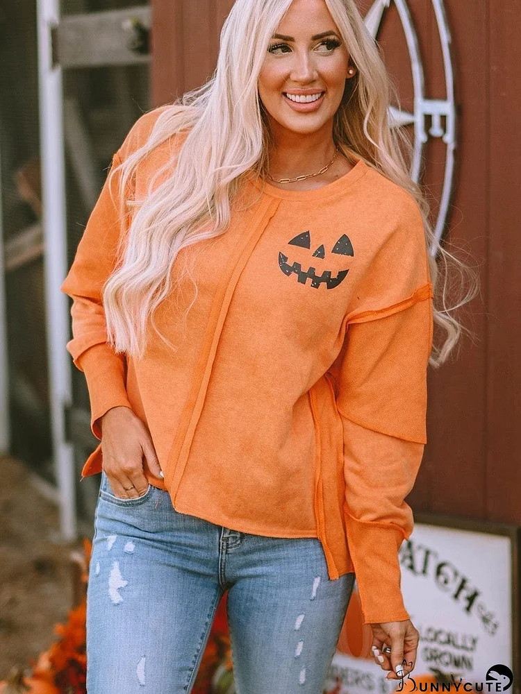 Pumpkin Patchwork Halloween Sweatshirt with Exposed Seam