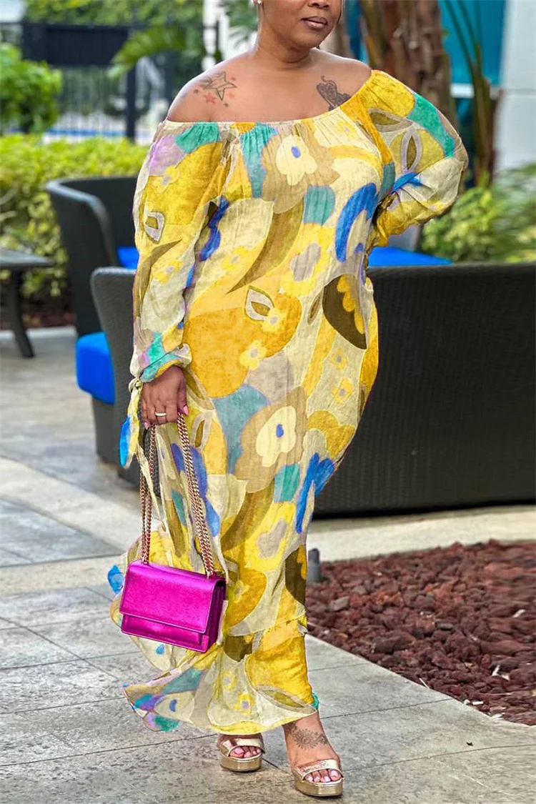 Plus Size Yellow Casual Print Off Shoulder Maxi Dresses 