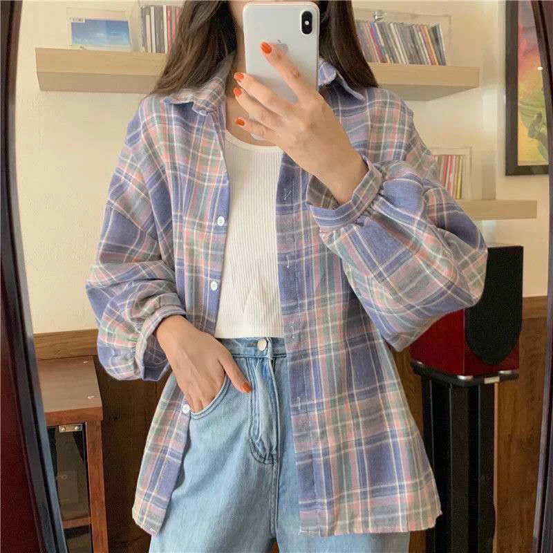Uveng Uveng Plaid Shirt Woman 2025 Spring And Autumn Korean Version Of The Blouse Loose Hong Kong Style Long-Sleeved Shirt Woman