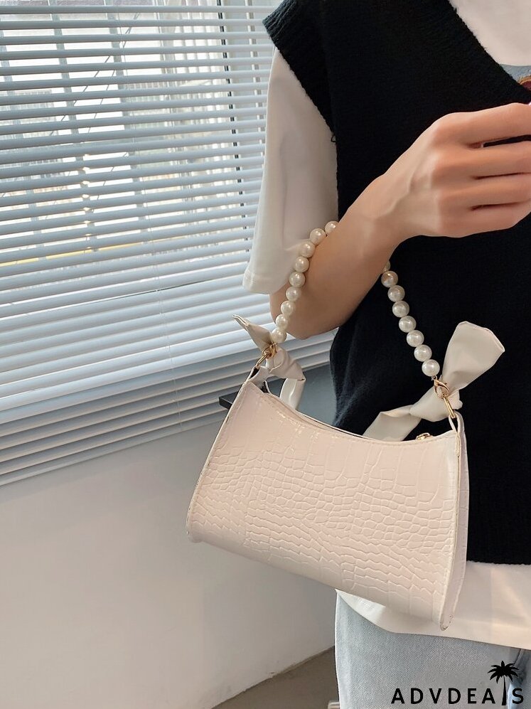 Faux Pearl Beaded Croc Embossed Shoulder Bag