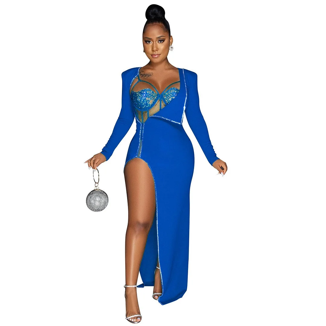 CM.YAYA Women Diamonds Hot Drill Side High Side Split Midi Maxi Dress and Lace Sleeveless Bodysuit Matching Set 2 Piece Outfit