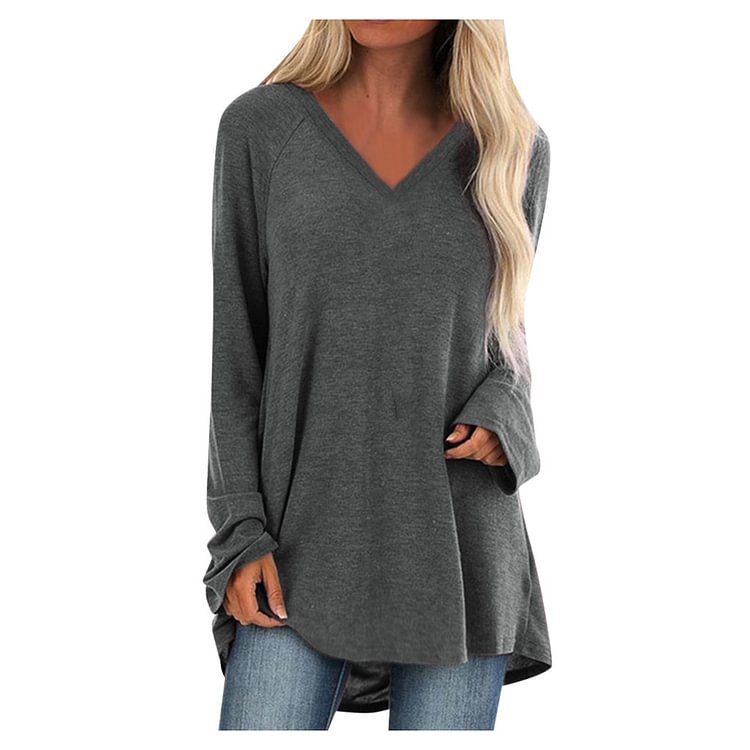 Casual Plain V-neck Long Sleeve Shirt