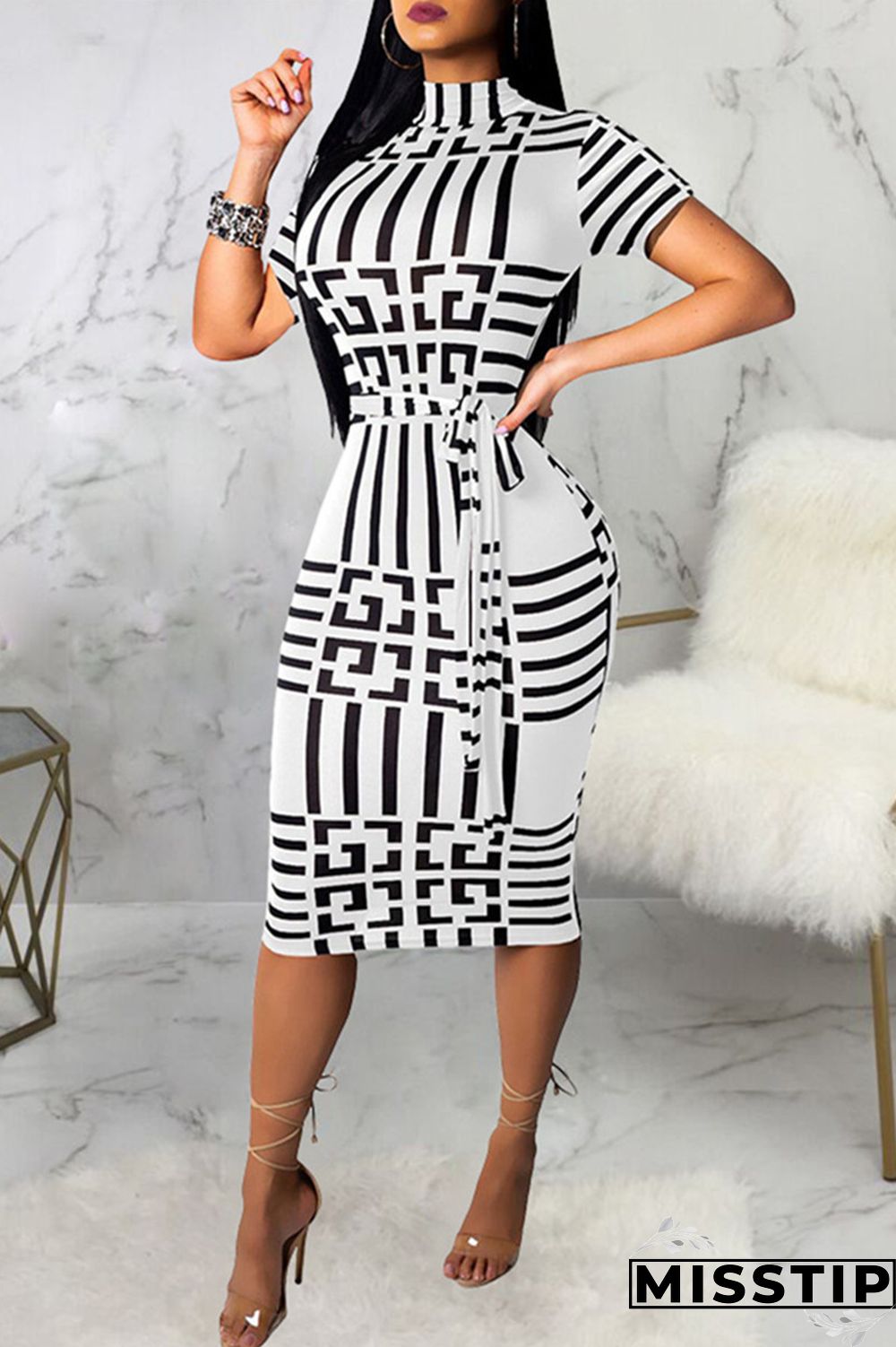 Brown Fashion Casual Print With Belt Turtleneck Short Sleeve Dress Dresses