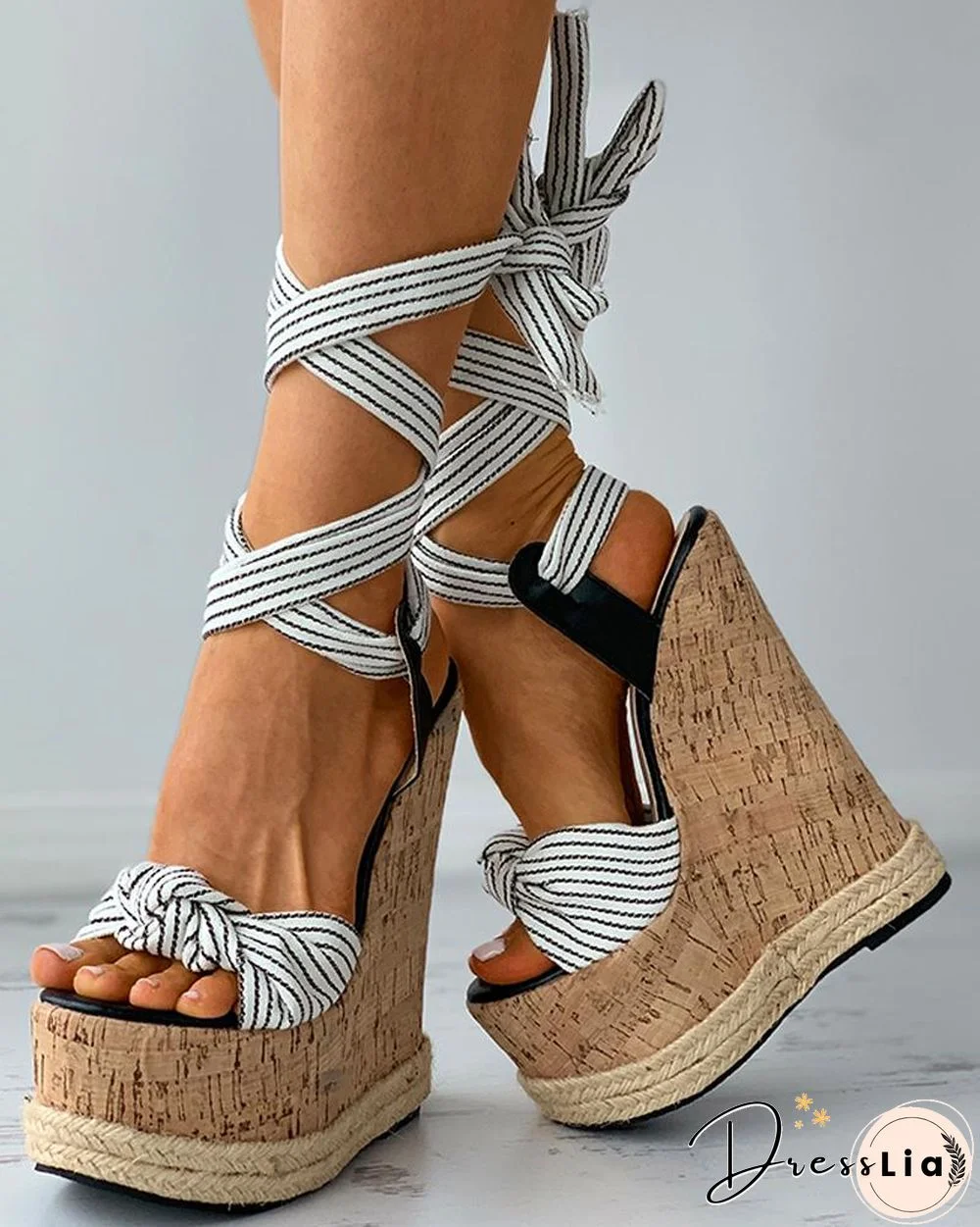 Striped Print Strappy Cork Wedge Sandals