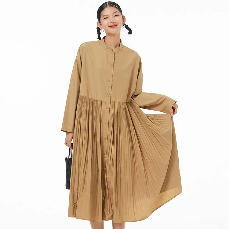 Casual Loose Solid Color Lapel Splicing Pleated Hem Long Sleeve Shirt Dress