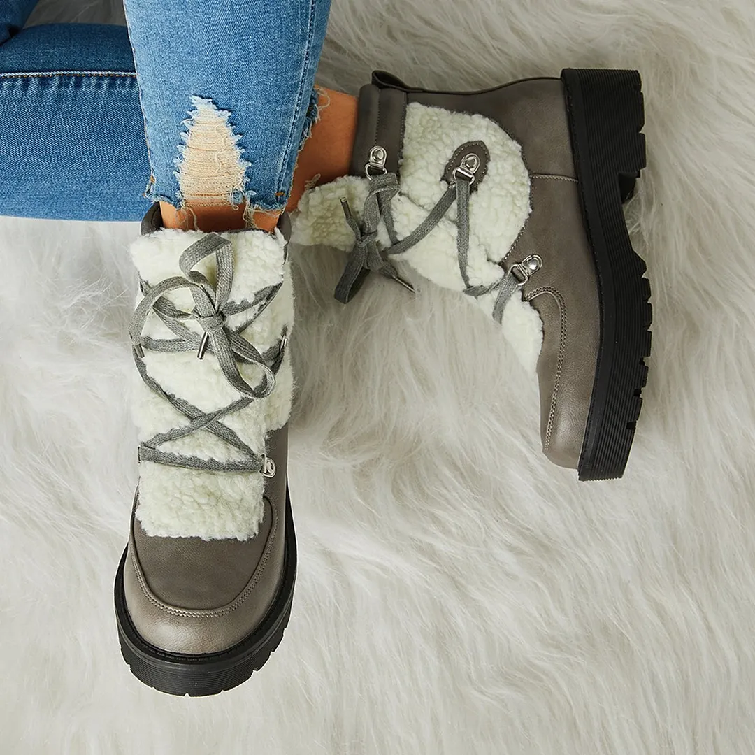 Women Faux Shearling Stiching Lace Up Snow Boots