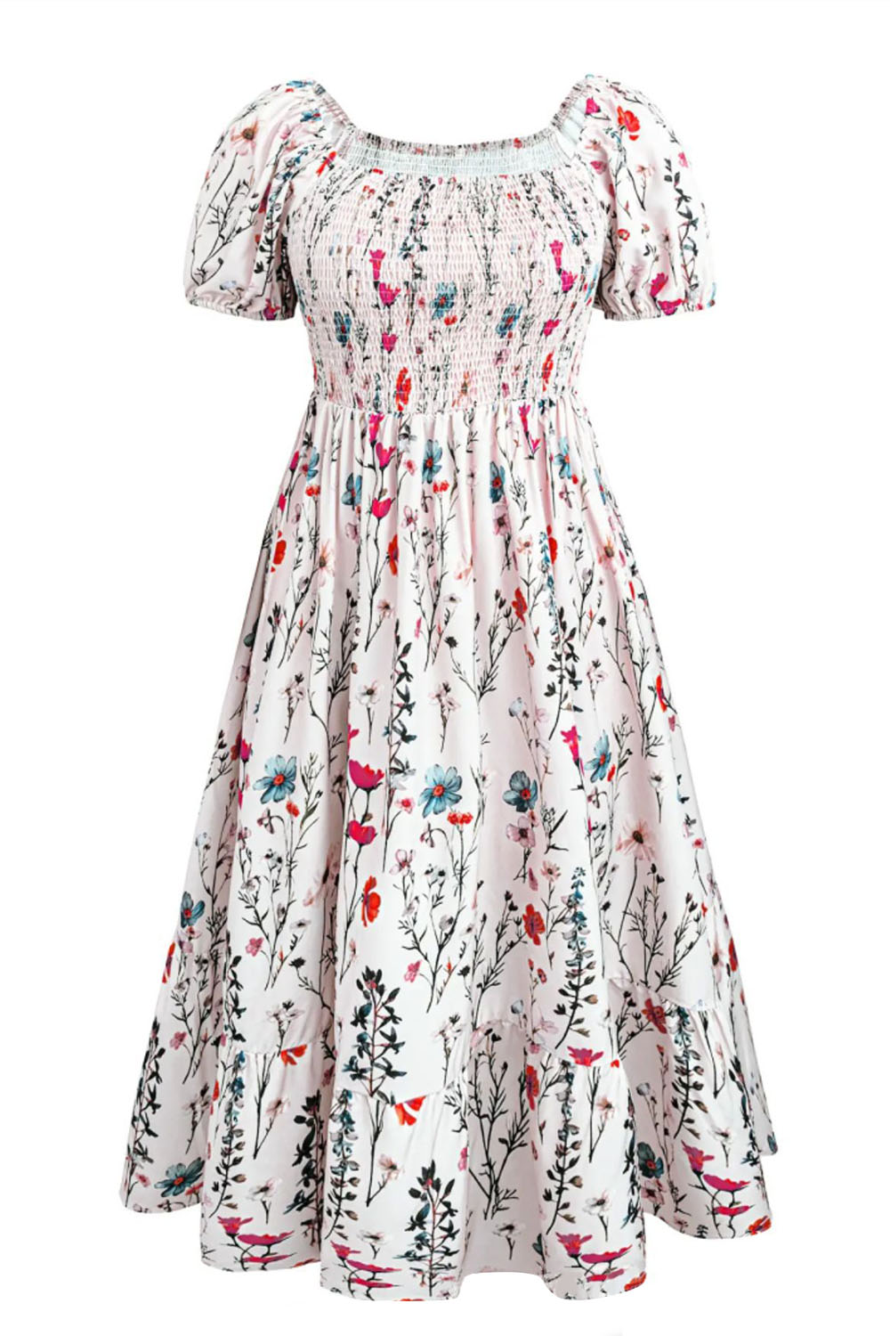 Plus Size Vacation White Floral Print Square Neck Puff Sleeve Smocking Midi Dress 2024 - Flycurvy 