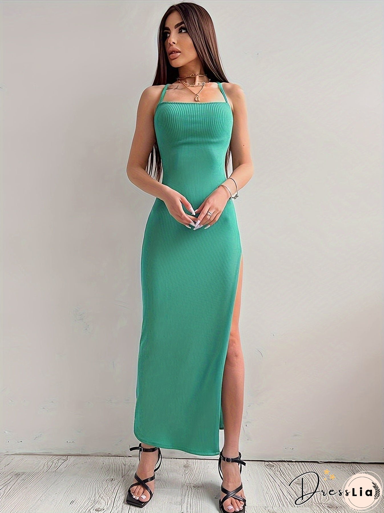 Solid Tie Back Bodycon Cami Dress, Elegant Split Thigh Sleeveless Backless Dress, Women's Clothing