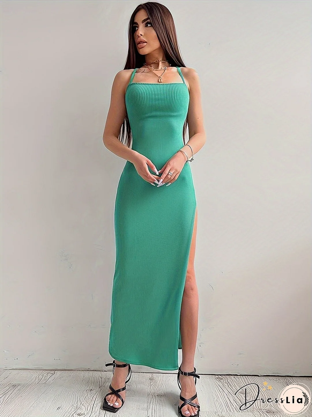 Solid Tie Back Bodycon Cami Dress, Elegant Split Thigh Sleeveless Backless Dress, Women's Clothing