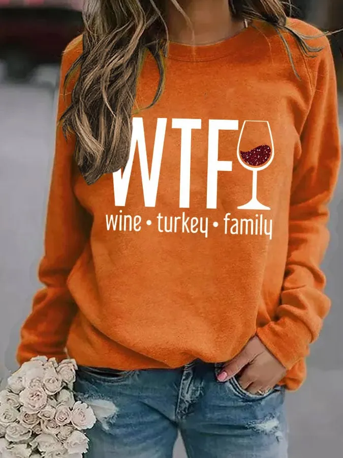 Women's Wine Turkey Family Print Casual Sweatshirt 