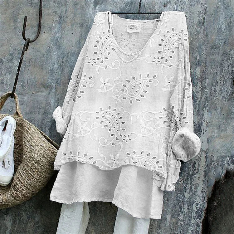 VChics Vintage Western Paisley Floral Embroidered Lace Linen Blend Tunic