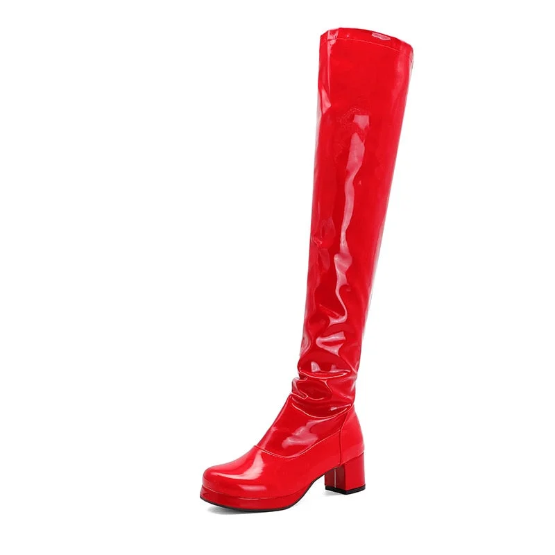 Gdgydh Patent Leather Waterproof Over The Knee Boots Women Candy Colors Green Yellow Fashion Style Long Boots With High Heels