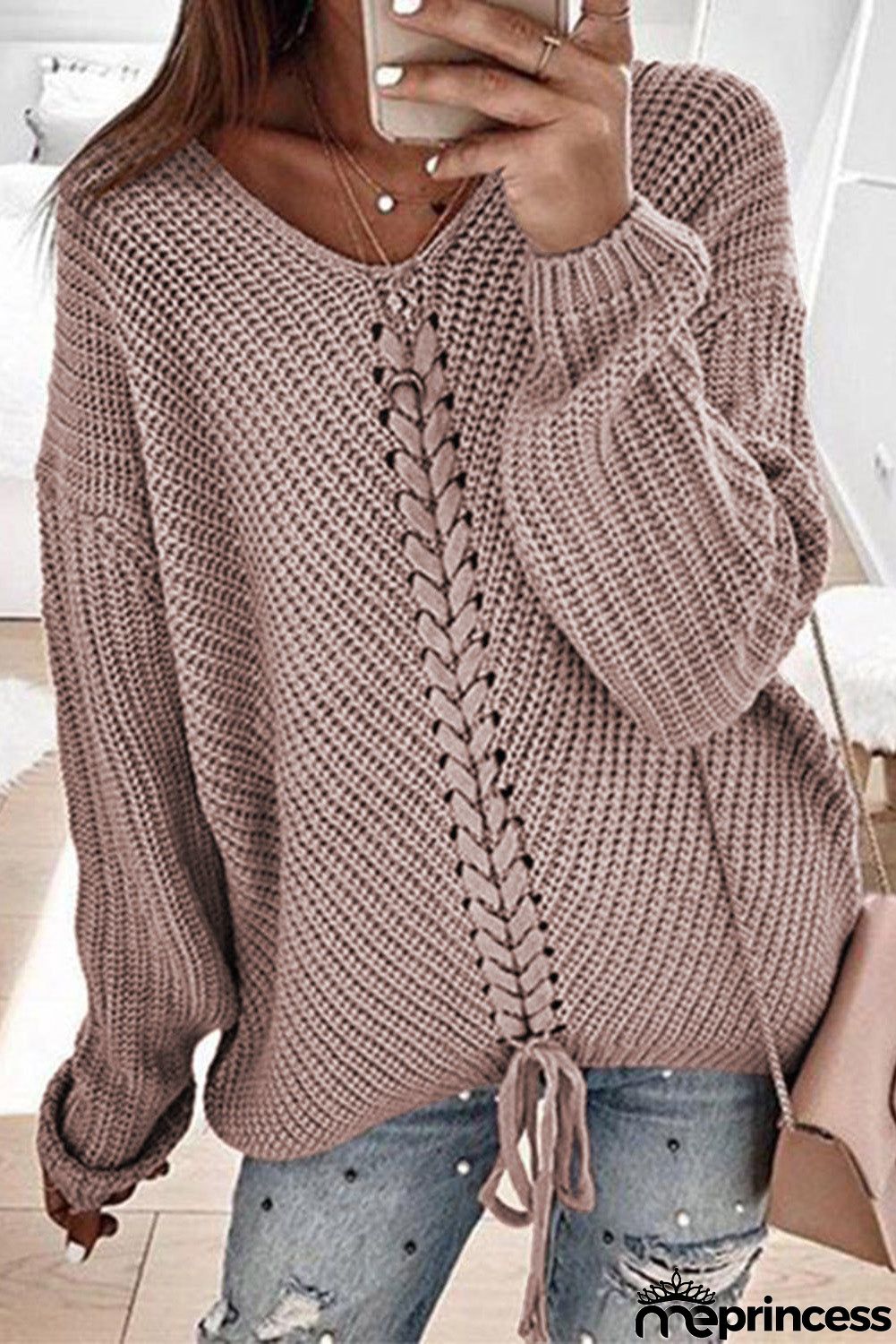 V-neck Lace Up Knitted Sweater
