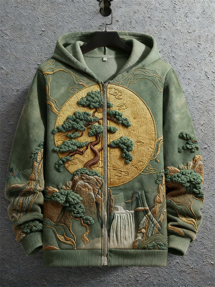 Japanese Pine Tree Waterfall Landscape Embroidered Full Zip Hoodie  artssus