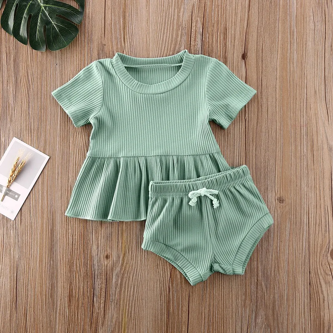 2020 Baby Summer Clothing Infant Newborn Baby Girls 2Pcs Set Ribbed Outfits Short Sleeve Shirt Dress Tops Shorts Bottoms Outfit