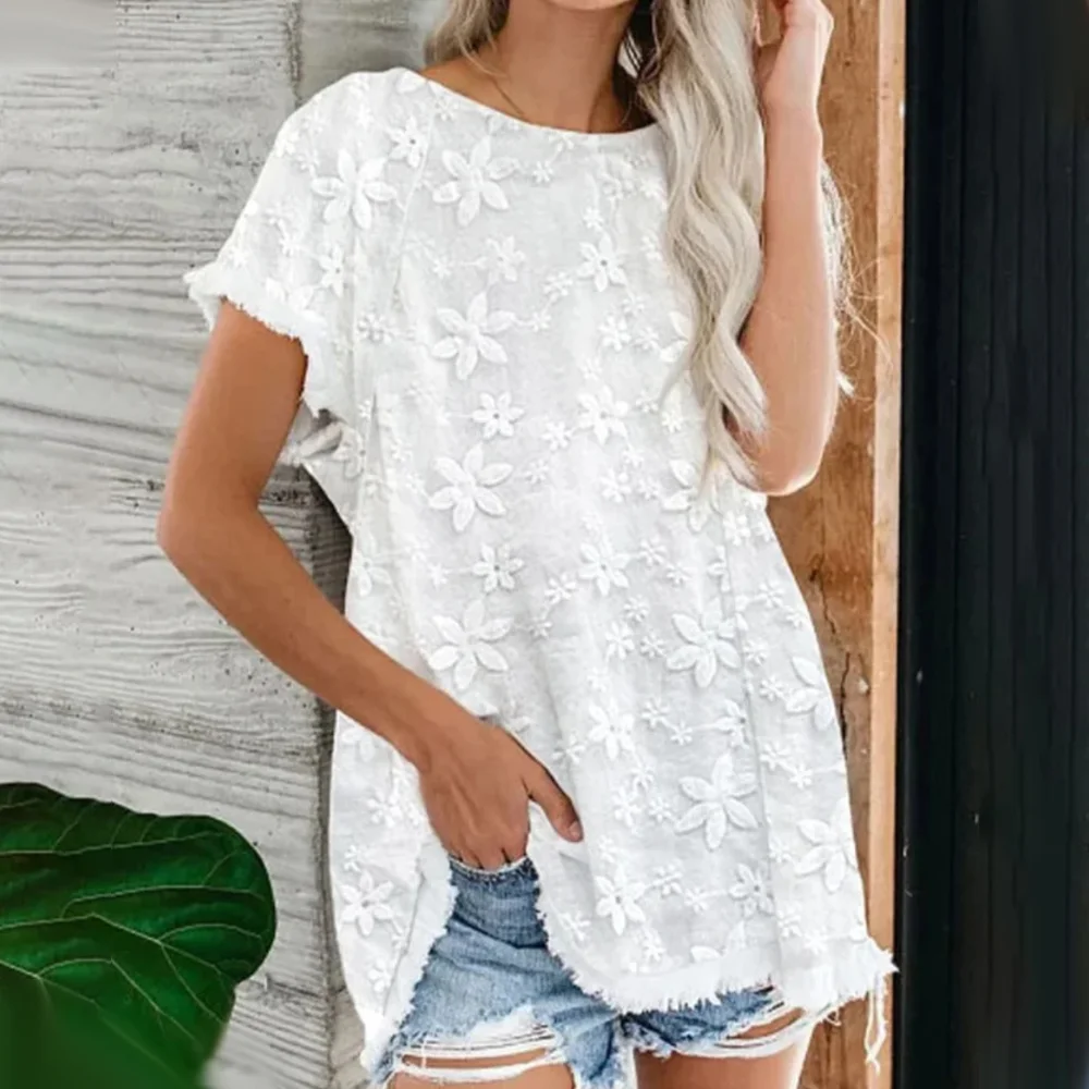 Smiledeer Summer New Loose Embroidered Tassel Raw Edge Ladies Short Sleeves