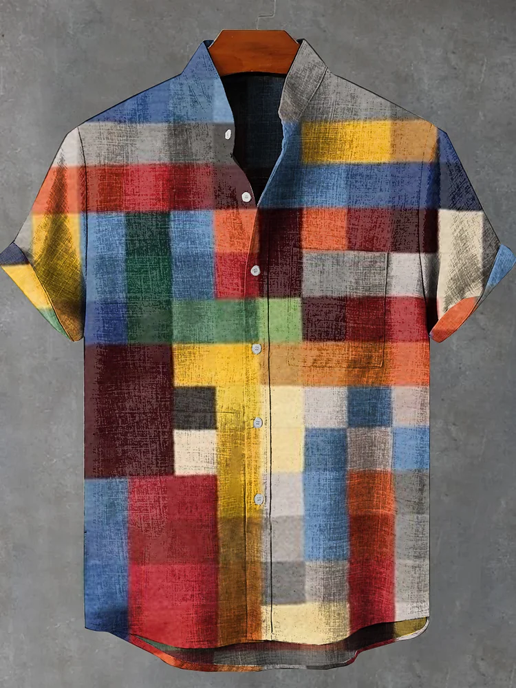 Vintage Rainbow Plaid Print Casual Cotton Shirt