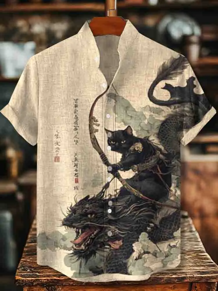 Vintage Black Cat Samurai Riding A Dragon Art Print Casual Cotton Shirt ...