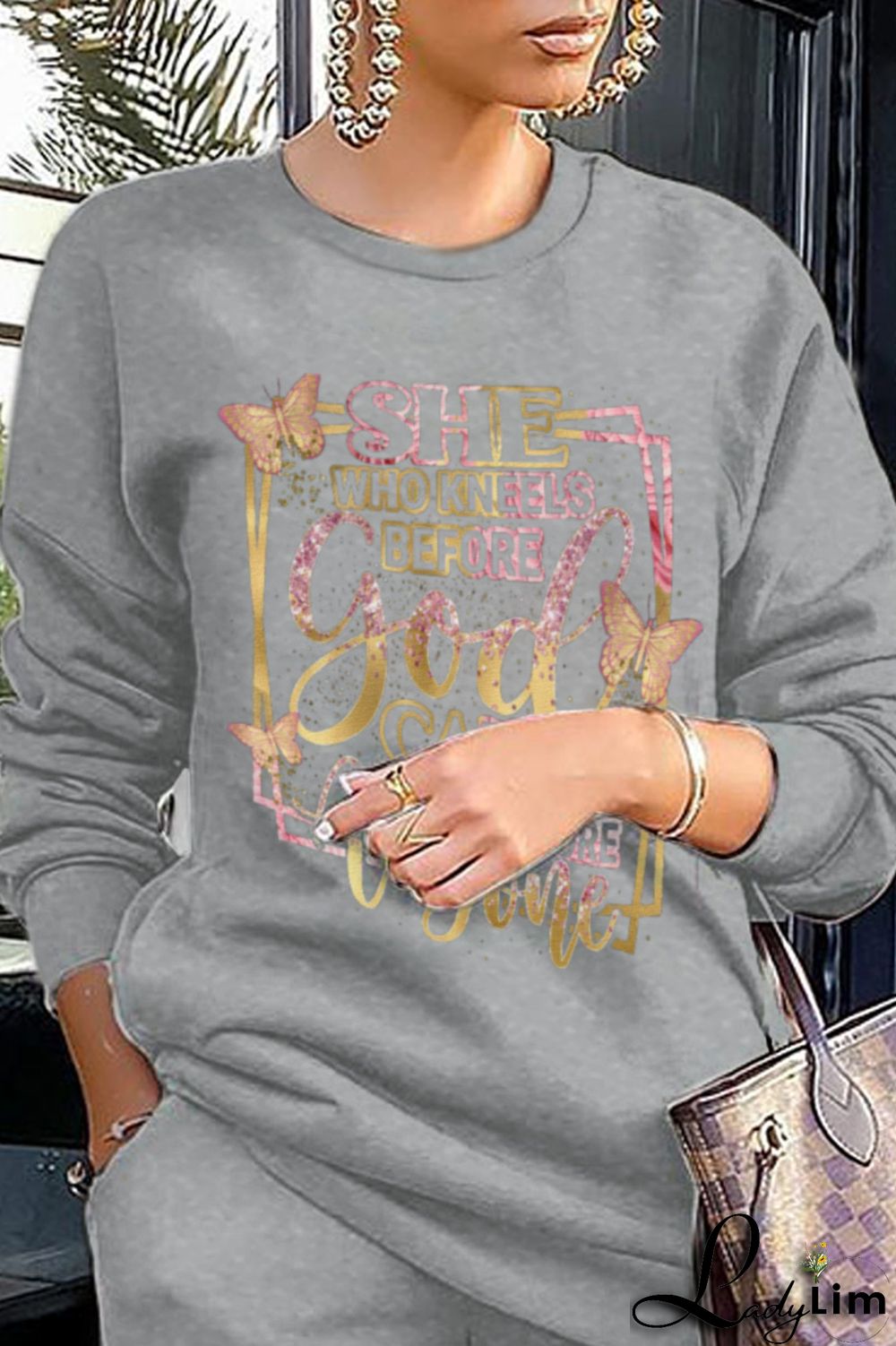 Grey Fashion Street Print Patchwork Letter O Neck Tops