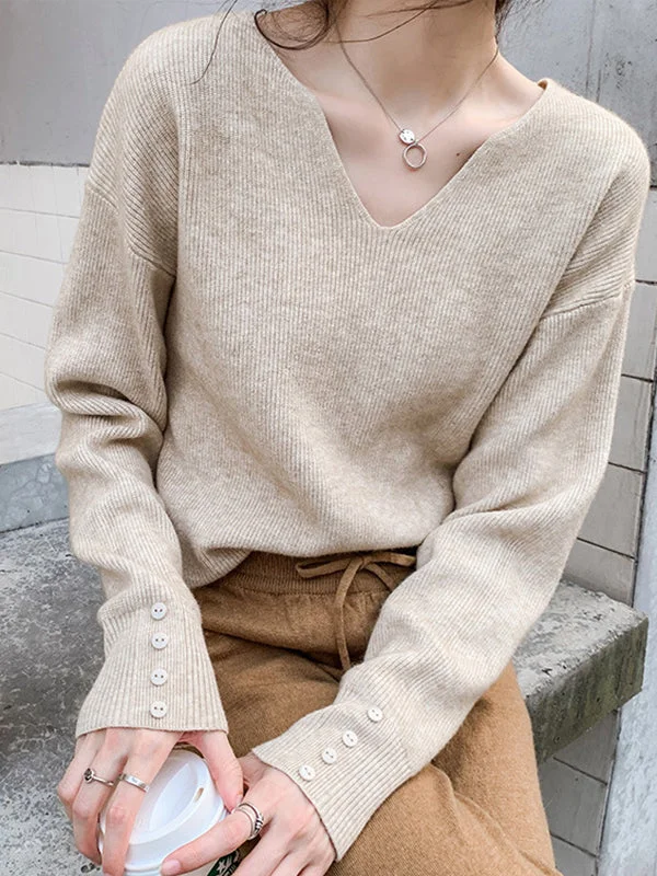 Buttoned Long Sleeves Roomy V-Neck Sweater Tops Pullovers Knitwear