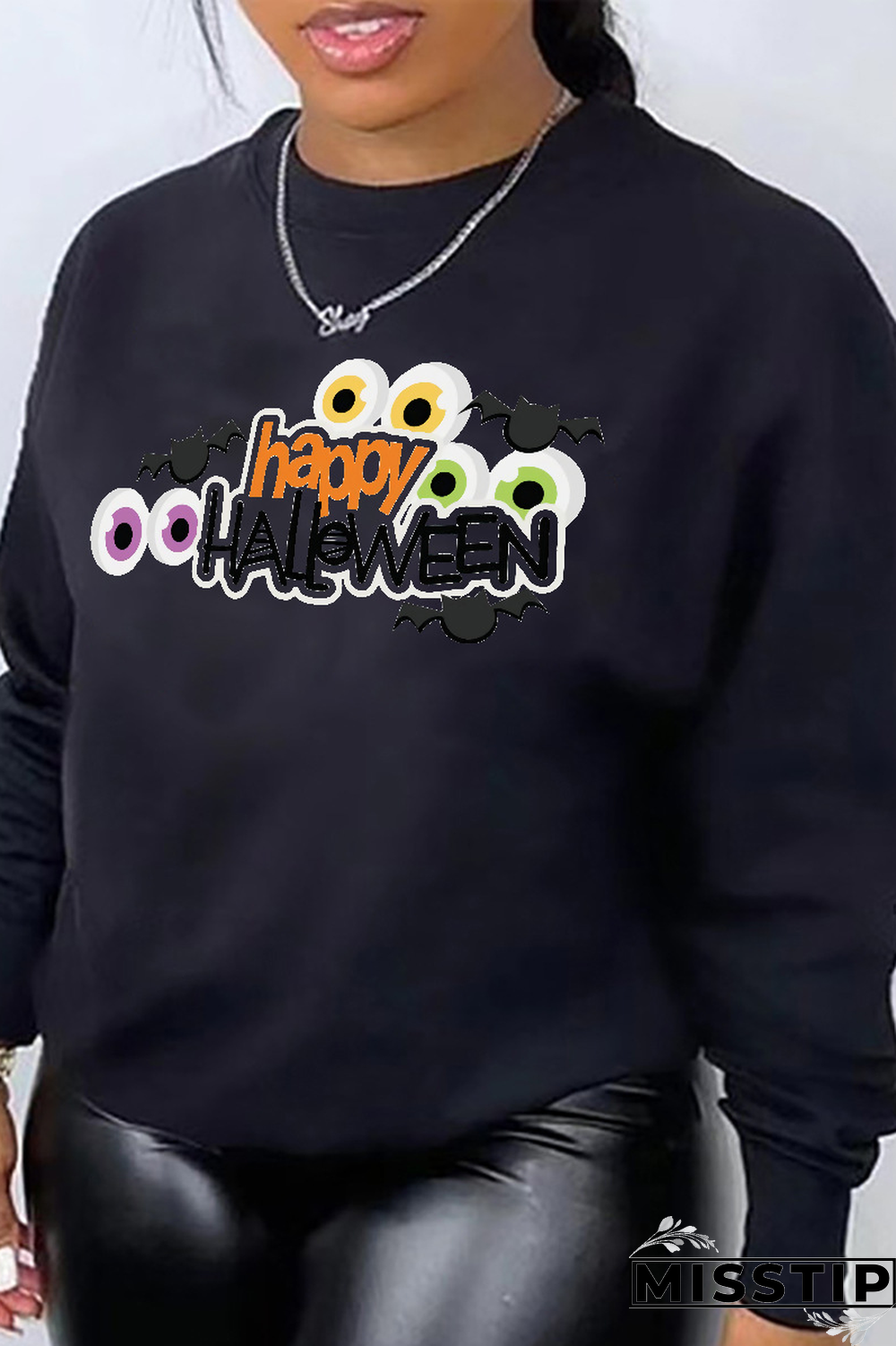 Black Fashion Street Print Letter O Neck Tops