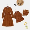 Family Matching Velvet Turtleneck Black Pleated Solid Cute Sweet Dresses