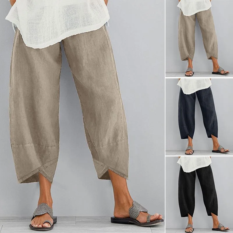 Women Casual Pants Summer Elastic Waist Plus Size Loose Linen Pants Comfortable Asymmetrical Pantalon Oversized Cropped Pants