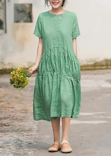 Women Linen Long Shirts Pakistani Green Pleated Casual Dress