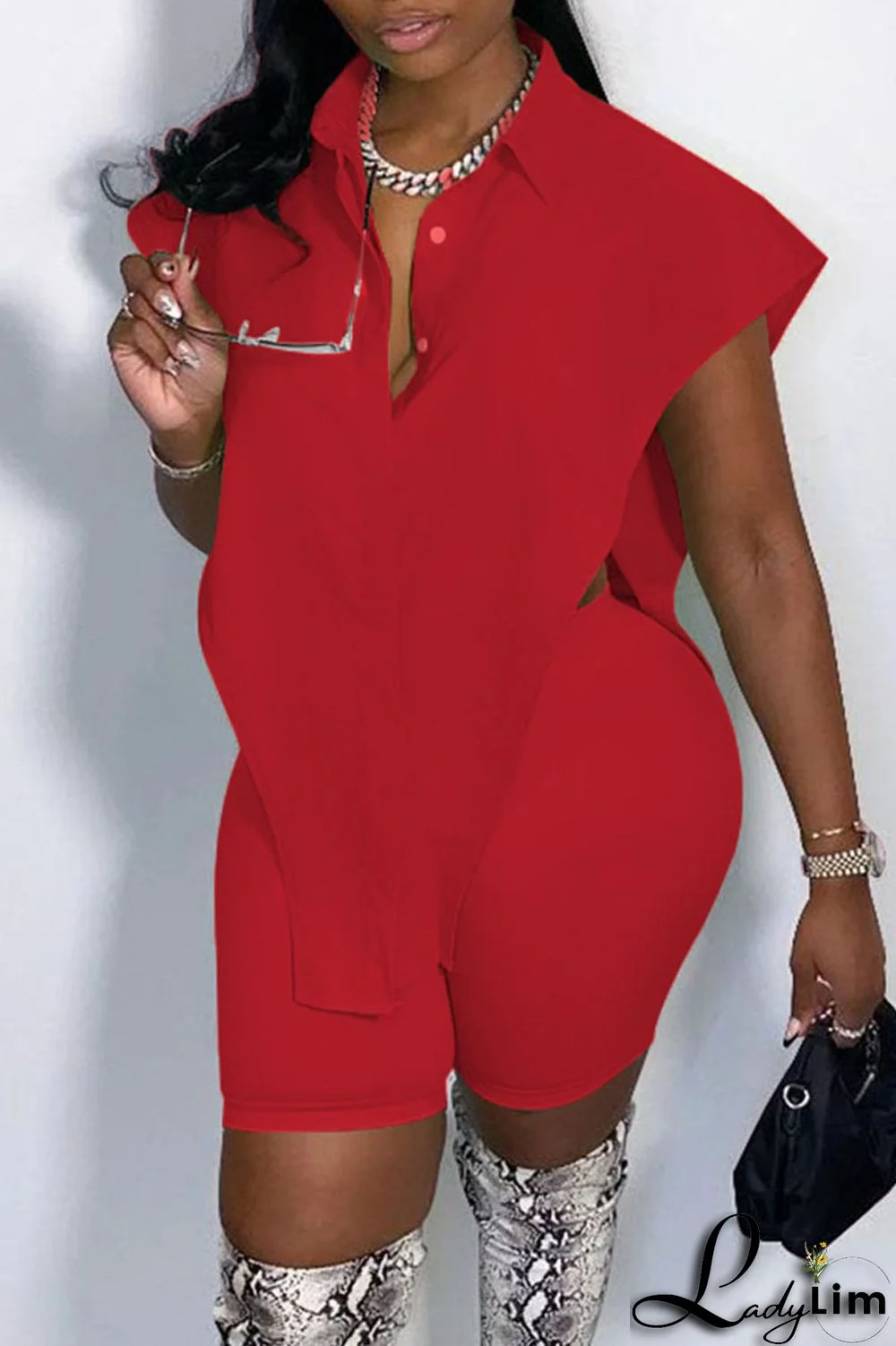 White Sexy Street Solid Split Joint Buckle Asymmetrical Turndown Collar Sleeveless Two Pieces