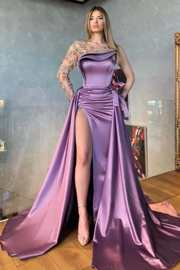Daisda Gorgeous Purple One Shoulder Long A-Line Prom Dress with Split