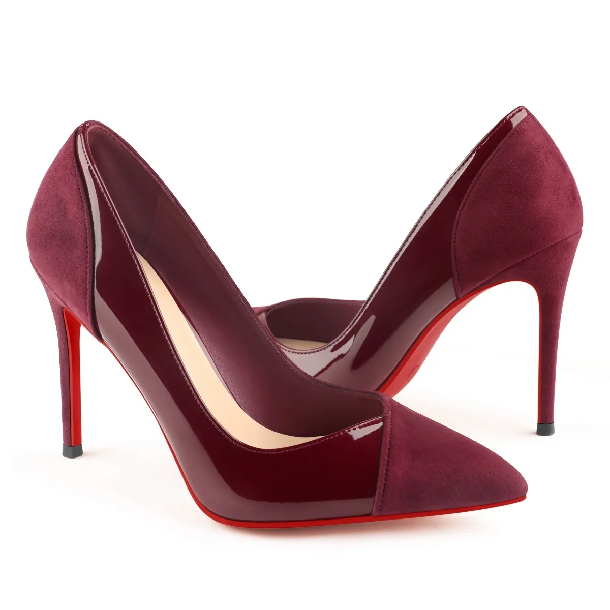 100mm Women Suede Patent Pointed Toe Stilettos Red Bottom Dress Pumps-MERUMOTE