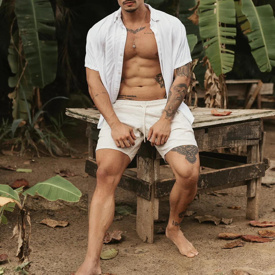 Cotton Summer Vacation Daily Pure White Short Sleeve Shirt-inspireuse