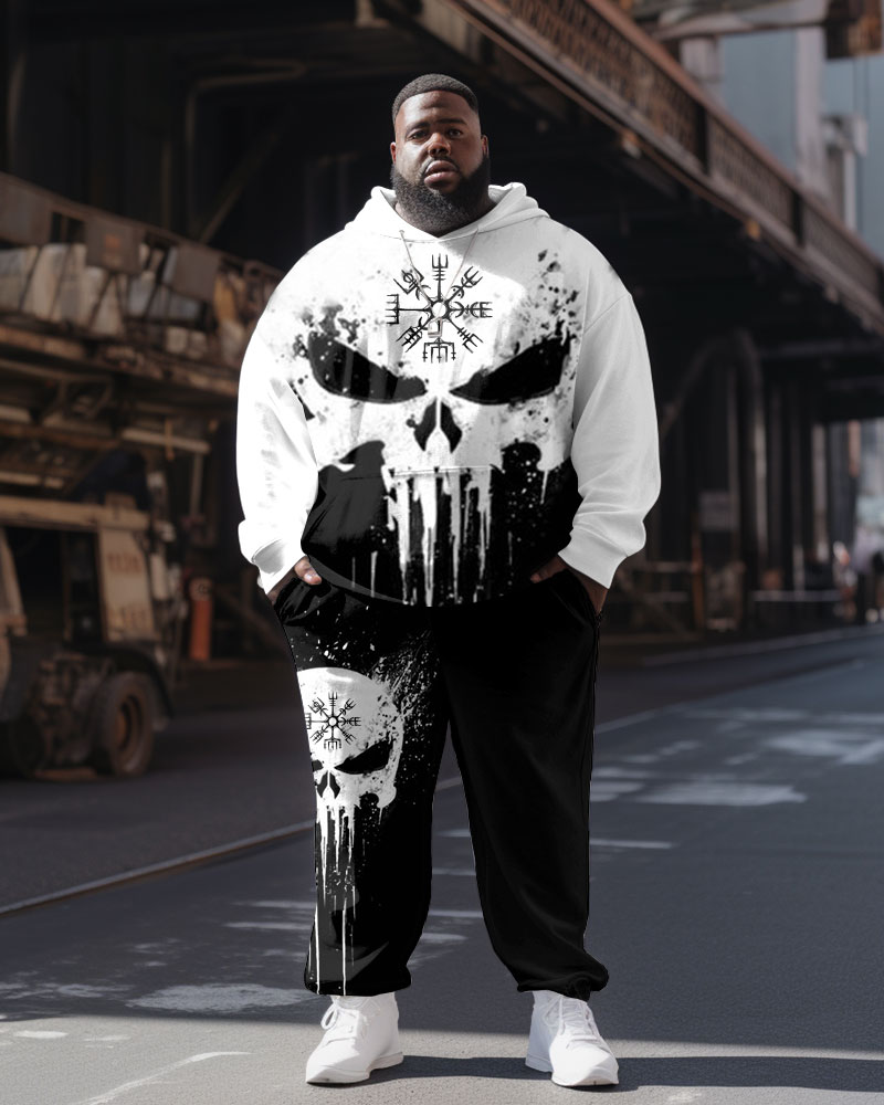 Men's Casual Fashion Ink Skull Viking Totem Print Plus Size Hoodie Suit