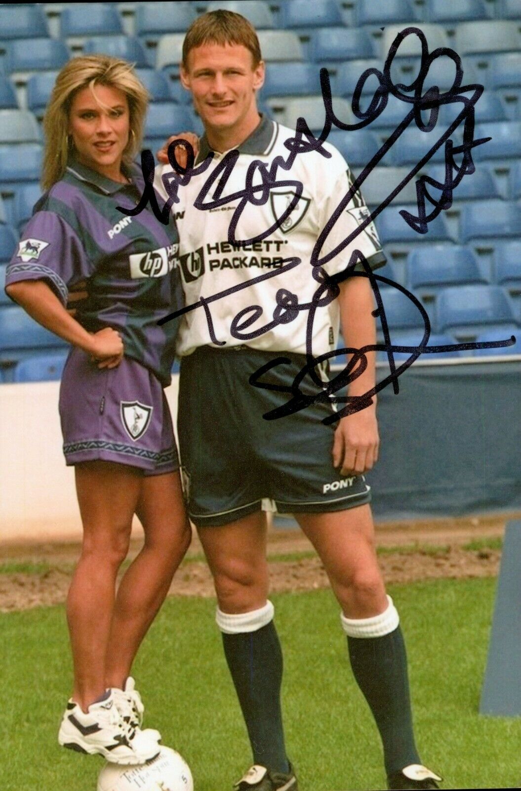 Teddy Sheringham Sam Fox Signed 6x4 Photo Poster painting Tottenham Hotspur FC Autograph + COA