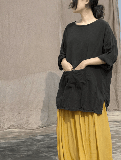 Women Cotton Linen Spring Autumn Solid Color T-shirt Tees Shirt Tops