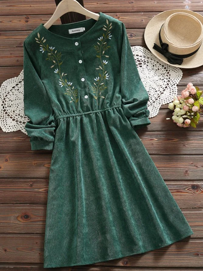 Green Embroidery Long Sleeve Dresses Zaesvini