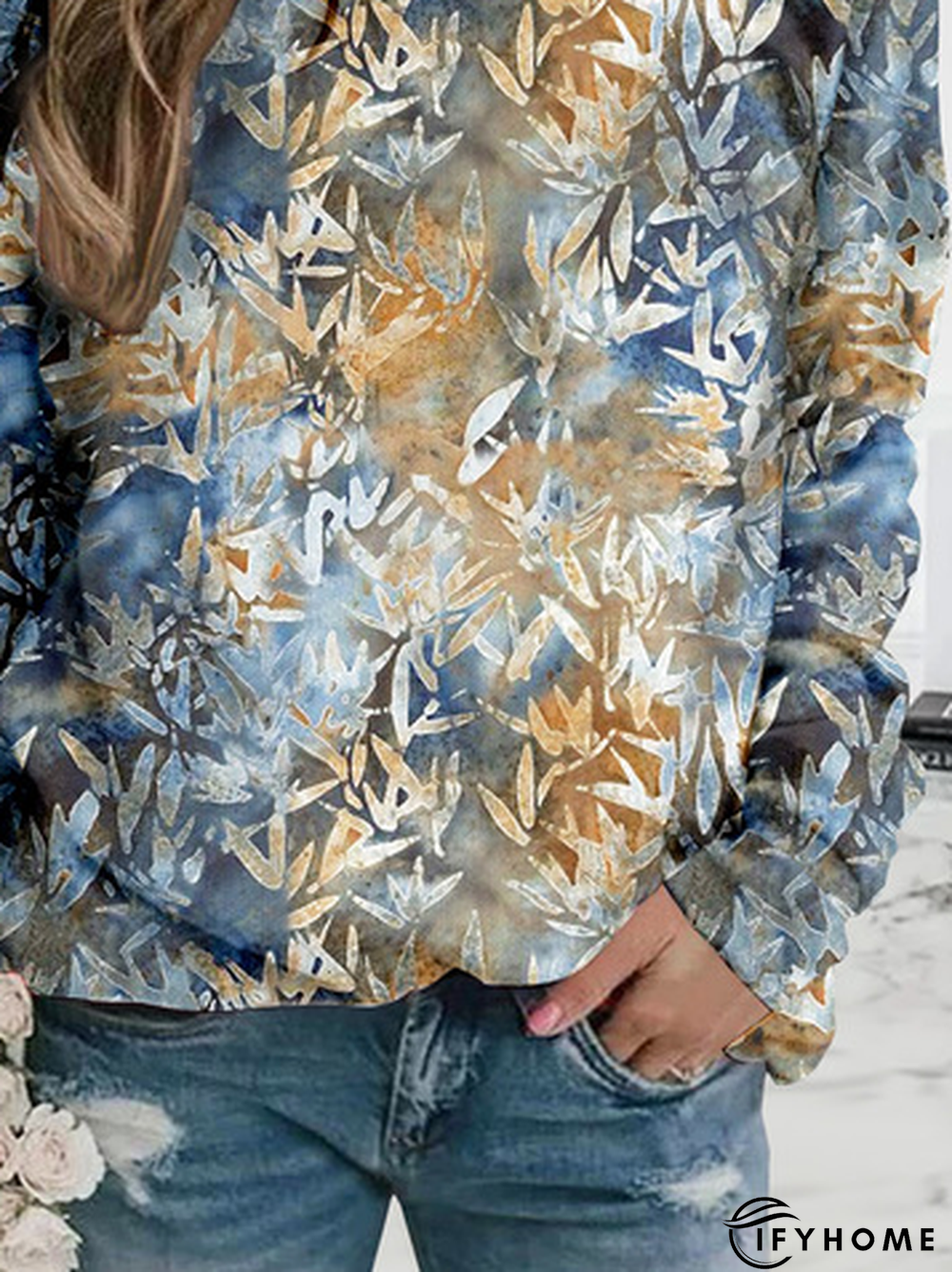 Casual Leaf Autumn Polyester Micro-Elasticity Daily Standard H-Line Regular Size Sweatshirt for Women | IFYHOME