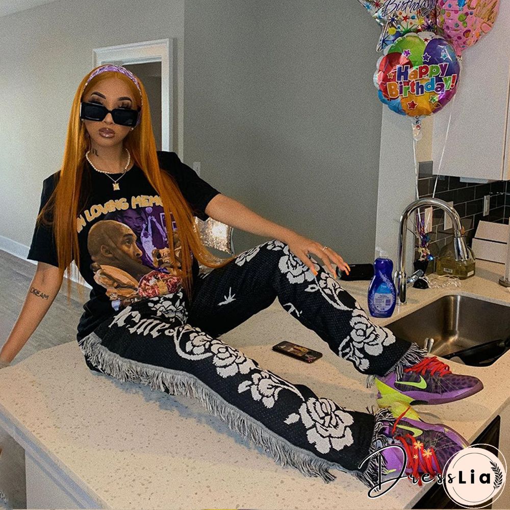 Side Tassels Patchwork Elastic Waist Women Print Jogger Pant