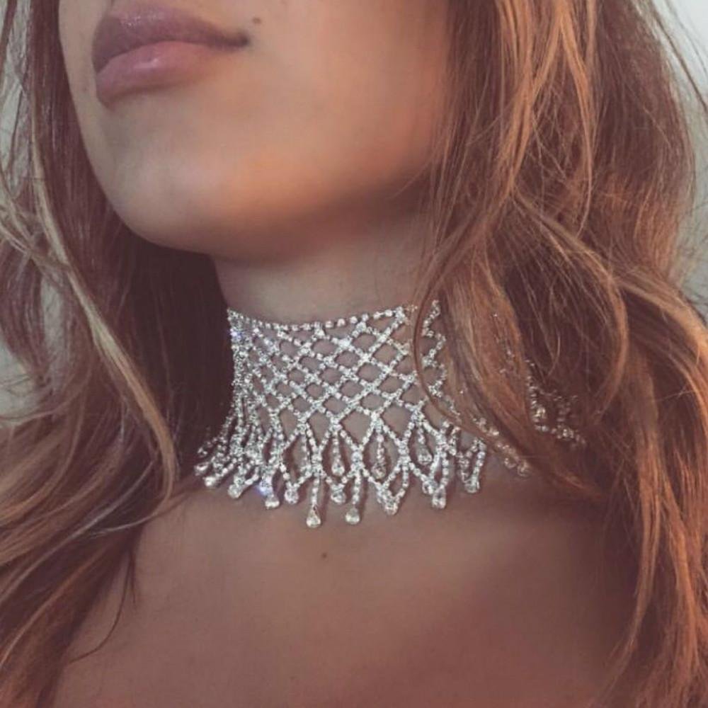 Rhinestone Tassel Choker Necklace Bling Chain for Women
