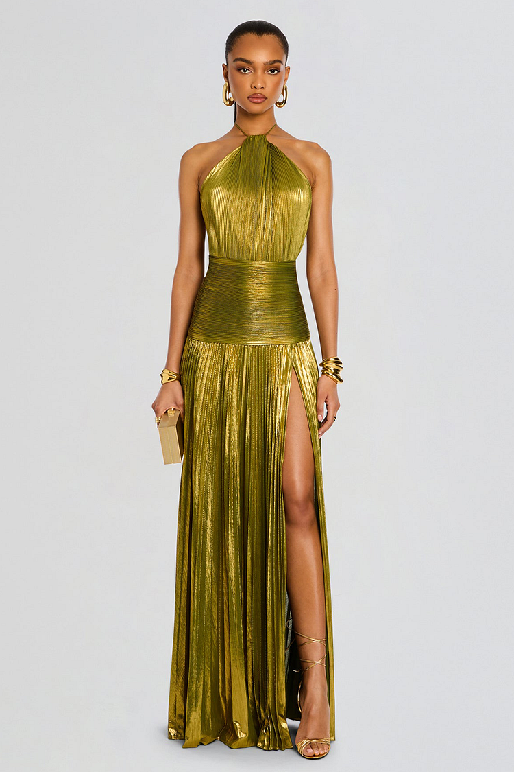 Pleated Metallic Finish Cinch Waist Slit Halter Maxi Dresses-Gold [Pre Order]