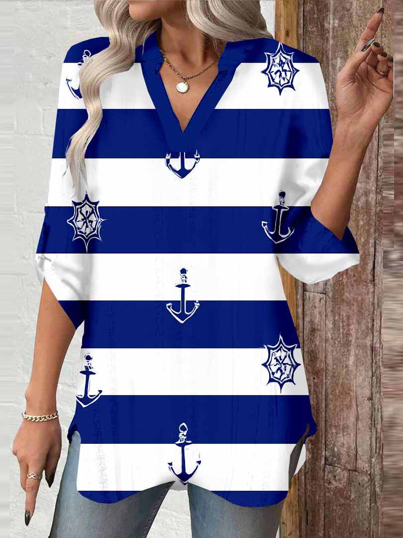 Women Ocean, Navy Blue, Anchor DZGA0107 3/4 Sleeve V-neck Printed Graphic Button Tops