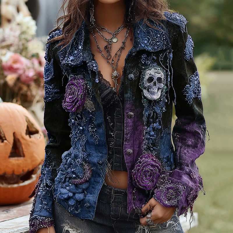 Rose Skull Embroidered Gothic Rough-contrast Denim Jacket