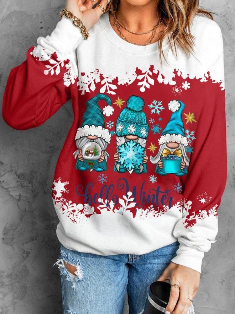 Women's Christmas Gnome Snowflake Hello Winter Letter Print Sweatshirt