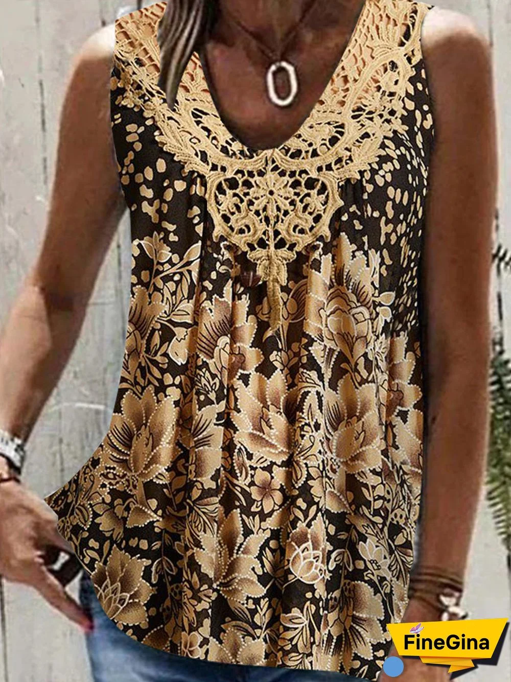 Women's Sleeveless V-neck Floral Printed Lace Stitching Colorblock Tops