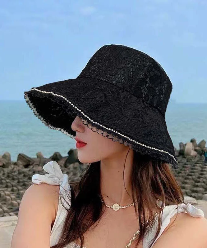 Stylish Black Solid Color Lace Floppy Sun Hat