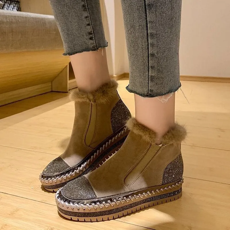 Hairy shoes women's outer wear winter 2021 new thick-soled rhinestone high-top lazy fashion boots women velvet woman boots Wool